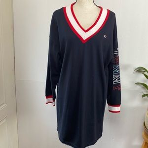 TOMMY JEANS Contrast-Trim Sweatshirt Dress Sleeve Logo Raw Hem Size Small